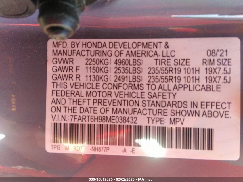 2021 HONDA CR-V HYBRID TOURING 7FART6H98ME038432