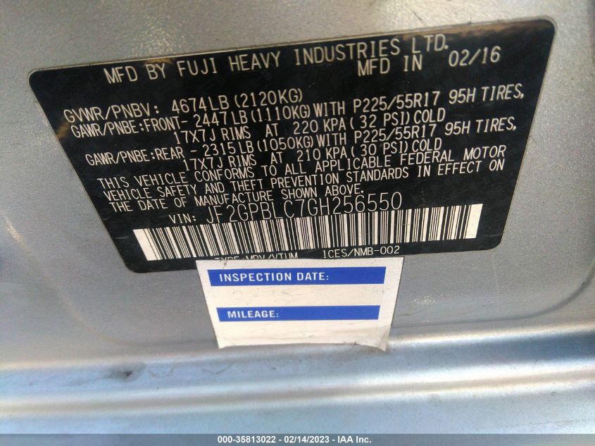 2016 SUBARU CROSSTREK HYBRID TOURING JF2GPBLC7GH256550