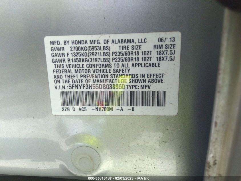 2013 HONDA PILOT EX-L - 5FNYF3H55DB038950