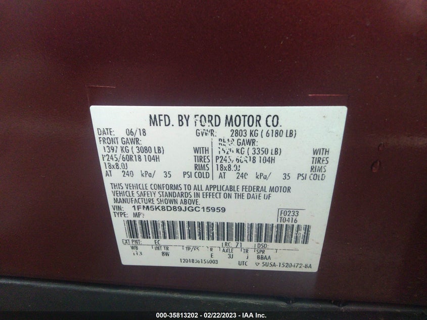 VIN 1FM5K8D89JGC15959 2018 FORD EXPLORER XLT