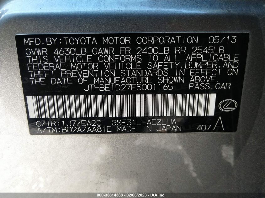 2014 LEXUS IS 350 JTHBE1D27E5001165