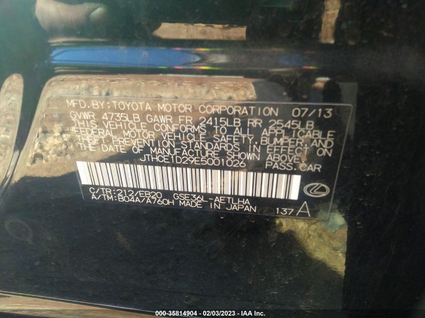2014 LEXUS IS 350 JTHCE1D29E5001026