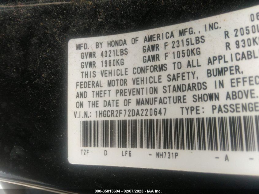 2013 HONDA ACCORD SDN EX 1HGCR2F72DA220647