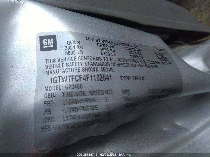 2015 GMC SAVANA CARGO VAN - 1GTW7FCF4F1102641