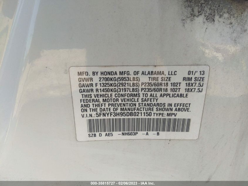 2013 HONDA PILOT TOURING - 5FNYF3H95DB021150