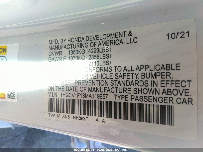 VIN 1HGCV1F13MA119957 2021 HONDA ACCORD SEDAN LX