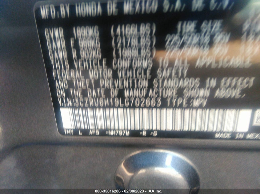 VIN 3CZRU6H19LG702663 2020 HONDA HR-V SPORT