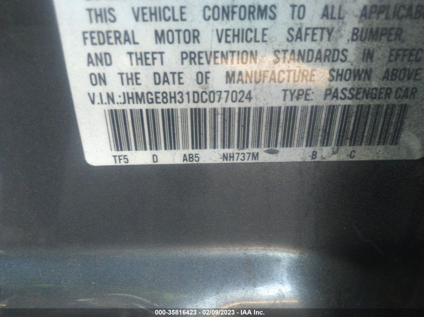 2013 HONDA FIT JHMGE8H31DC077024