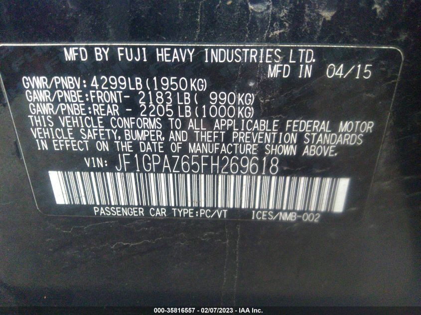 2015 SUBARU IMPREZA WAGON 2.0I SPORT LIMITED - JF1GPAZ65FH269618