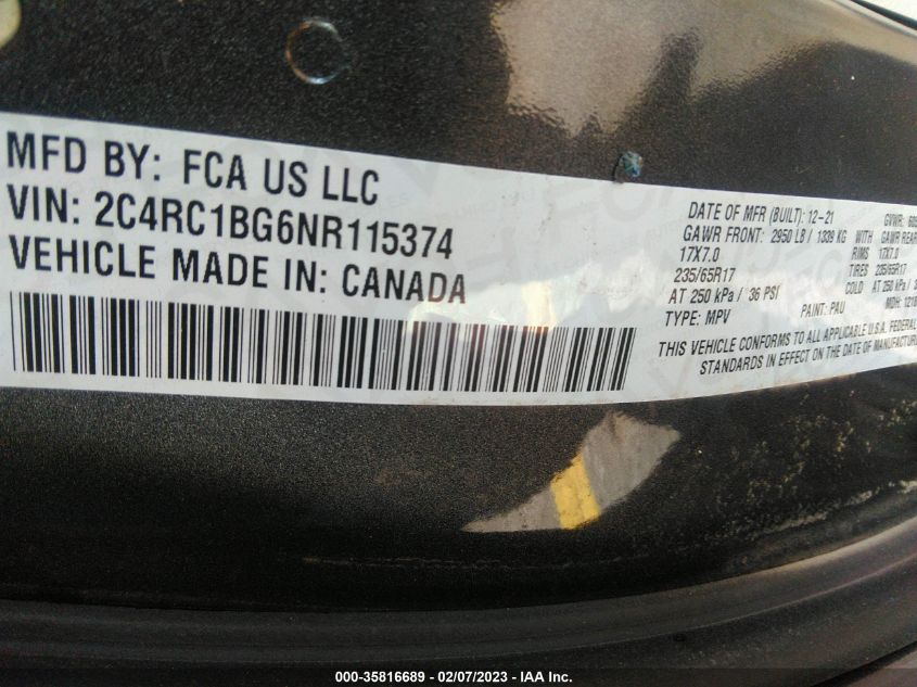 VIN 2C4RC1BG6NR115374 2022 CHRYSLER PACIFICA no.9