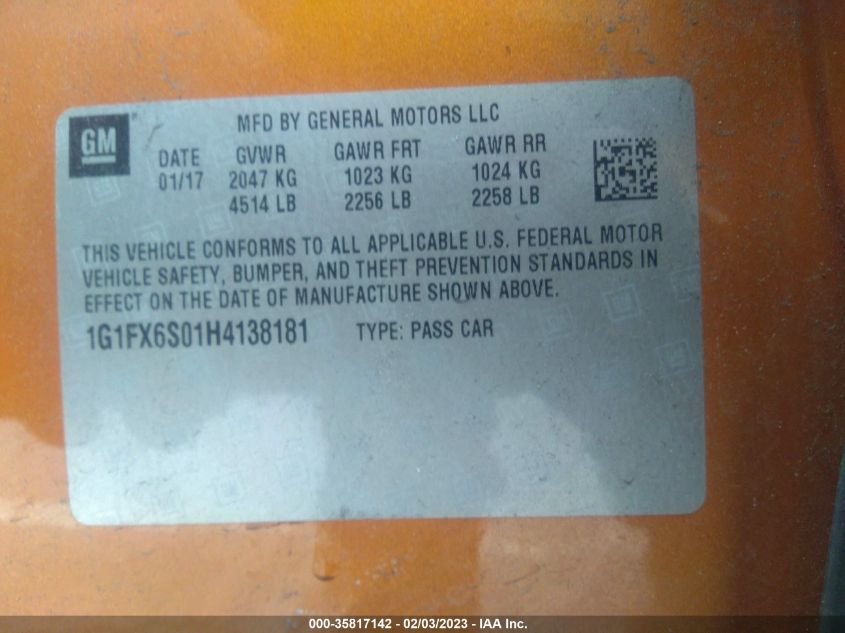 2017 CHEVROLET BOLT EV PREMIER 1G1FX6S01H4138181