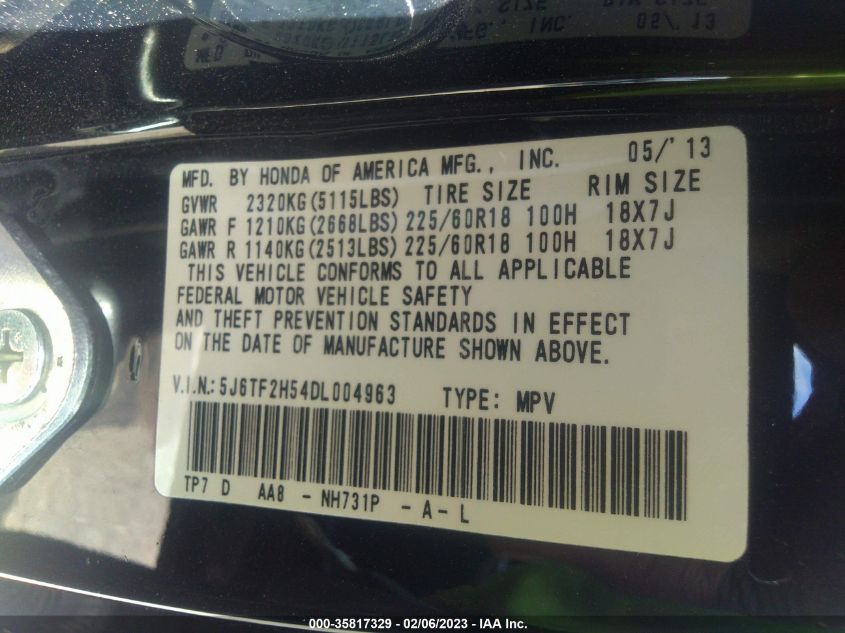 2013 HONDA CROSSTOUR EX-L 5J6TF2H54DL004963