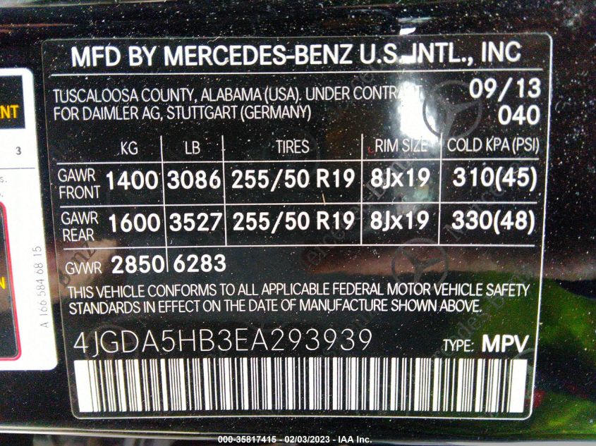 2014 MERCEDES-BENZ M-CLASS ML 350 4JGDA5HB3EA293939