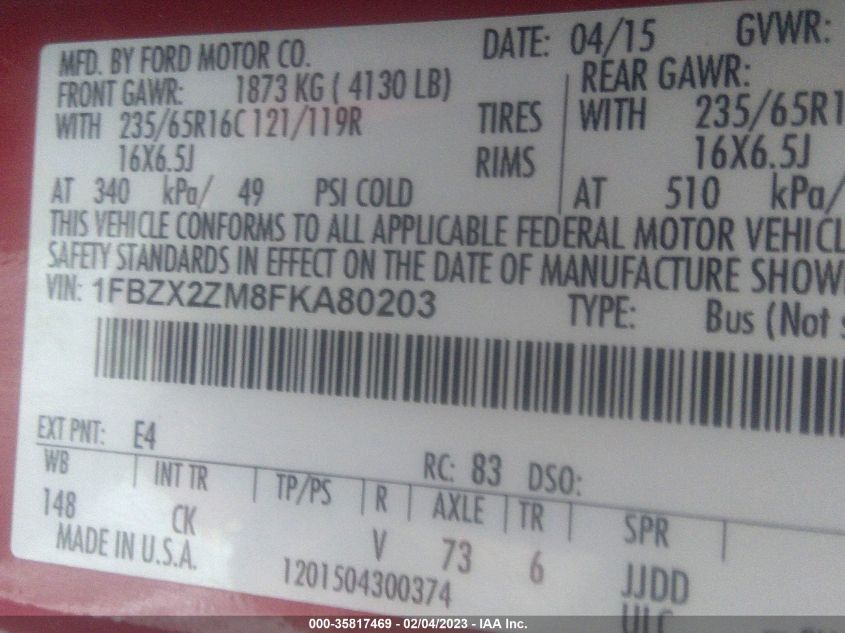 2015 FORD TRANSIT WAGON XL/XLT 1FBZX2ZM8FKA80203