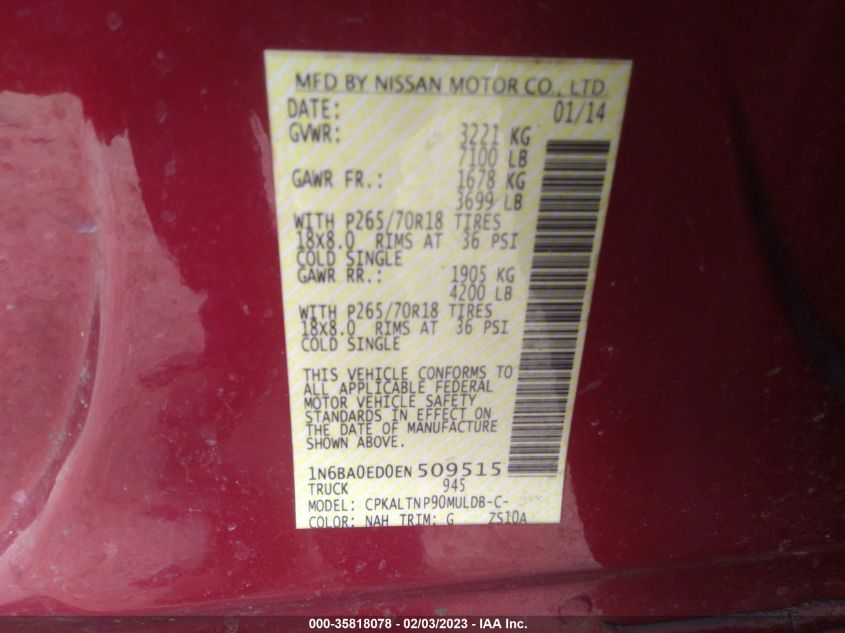 2014 NISSAN TITAN SV - 1N6BA0ED0EN509515