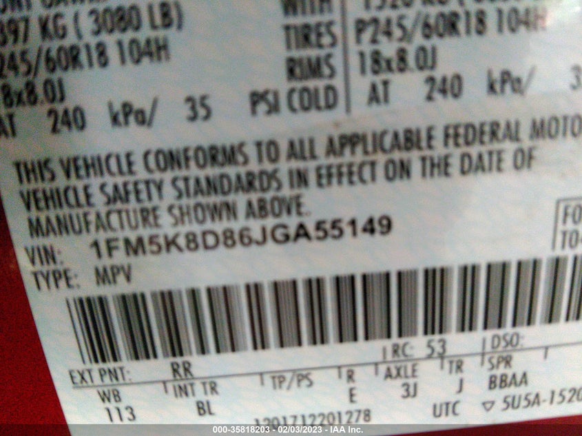 VIN 1FM5K8D86JGA55149 2018 FORD EXPLORER XLT
