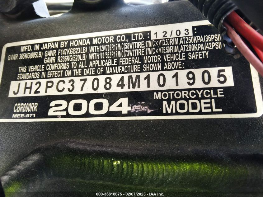 2004 HONDA CBR600 RR JH2PC37084M101905