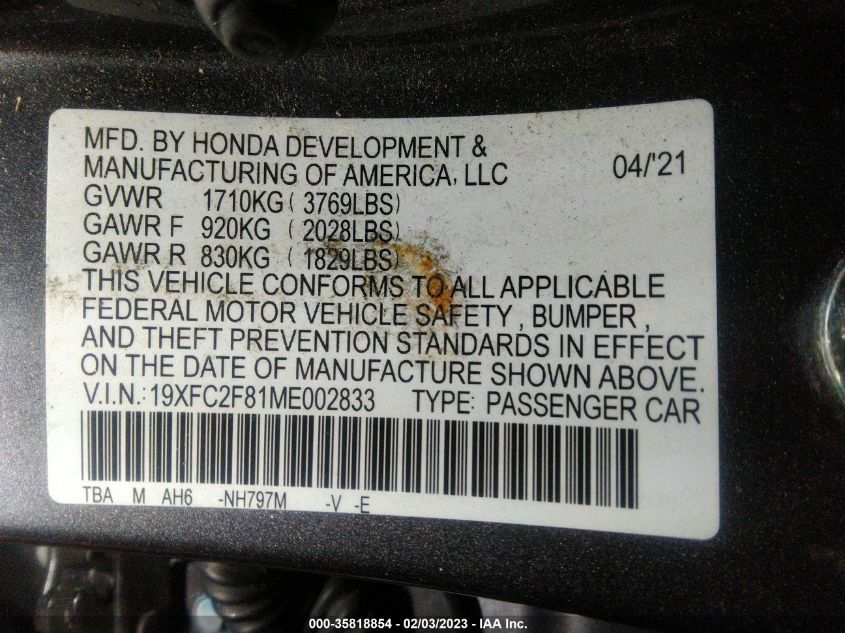 19XFC2F81ME002833 Honda Civic Sedan SPORT 9