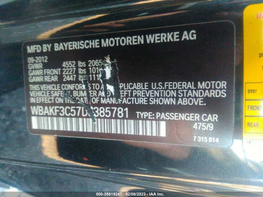 2013 BMW 3 SERIES 328I XDRIVE - WBAKF3C57DJ385781