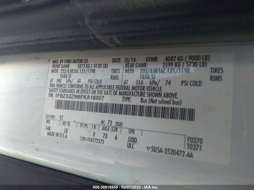 2015 FORD TRANSIT WAGON XL/XLT 1FBZX2ZM6FKA18007
