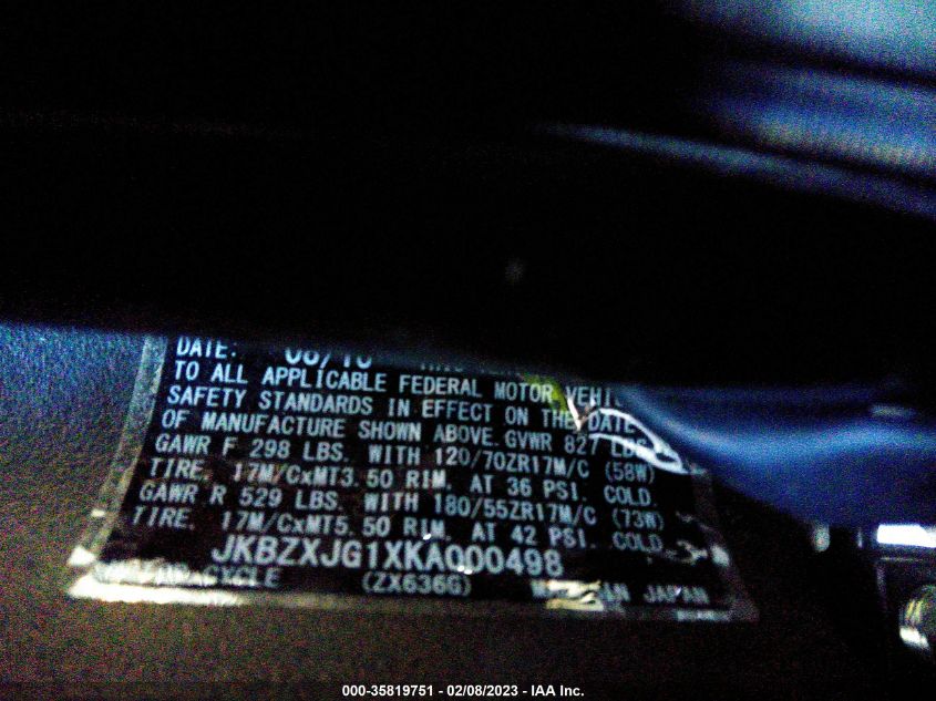 2019 KAWASAKI ZX636 K JKBZXJG1XKA000498