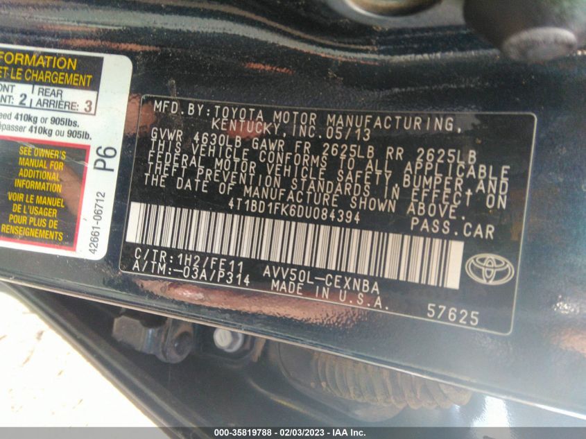 2013 TOYOTA CAMRY HYBRID LE/XLE 4T1BD1FK6DU084394