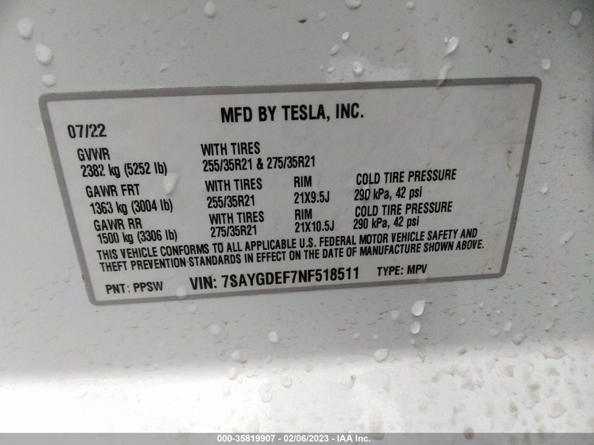 VIN 7SAYGDEF7NF518511 2022 TESLA MODEL Y PERFORMANCE