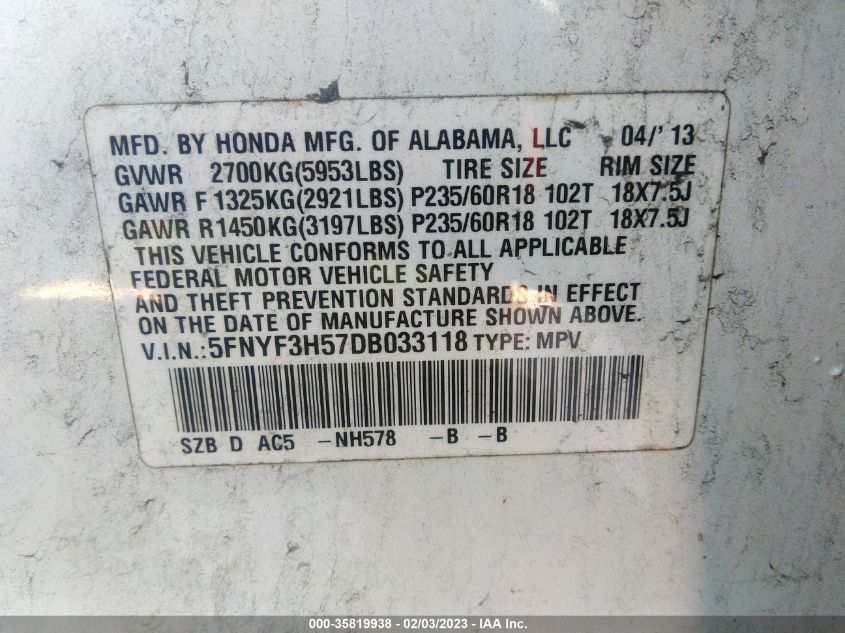 2013 HONDA PILOT EX-L - 5FNYF3H57DB033118