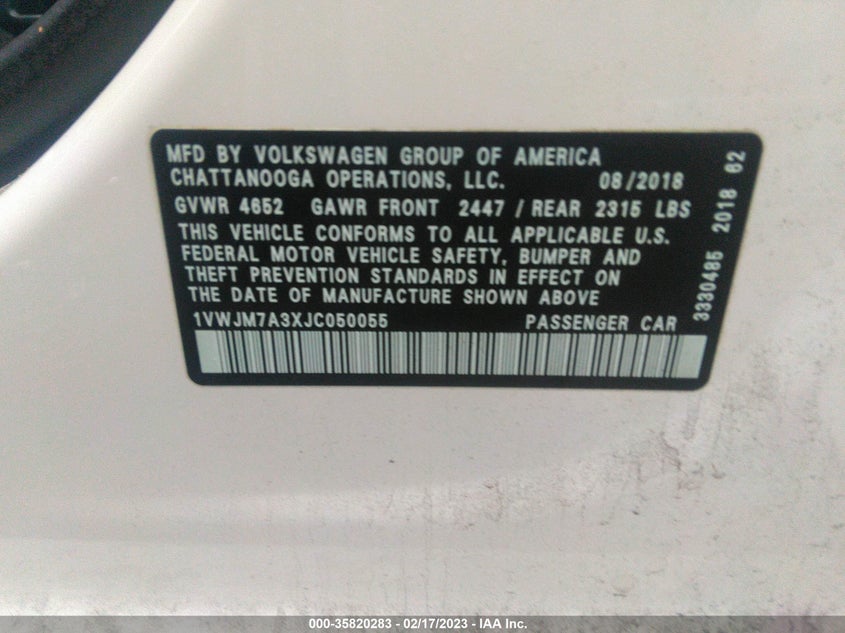 VIN 1VWJM7A3XJC050055 2018 VOLKSWAGEN PASSAT V6 GT