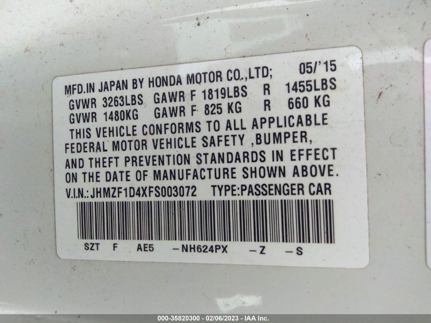 2015 HONDA CR-Z JHMZF1D4XFS003072