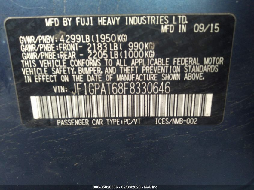 2015 SUBARU IMPREZA WAGON 2.0I SPORT PREMIUM - JF1GPAT68F8330646