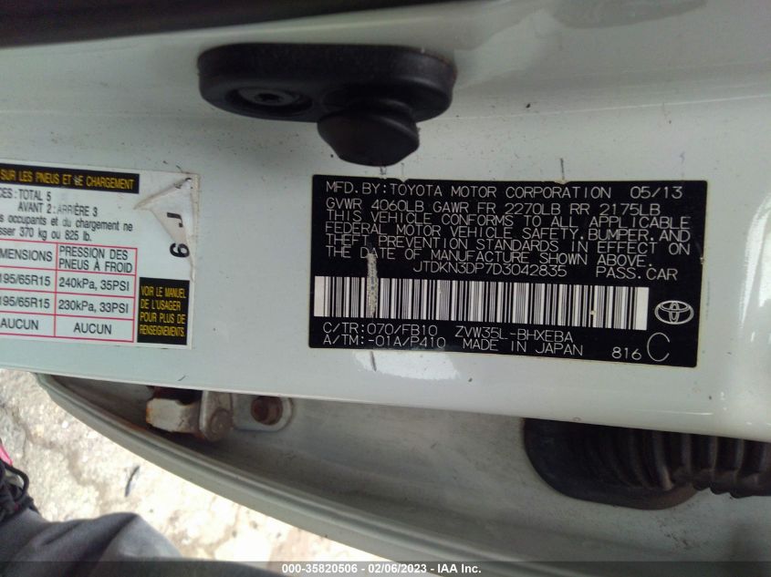 2013 TOYOTA PRIUS PLUG-IN JTDKN3DP7D3042835