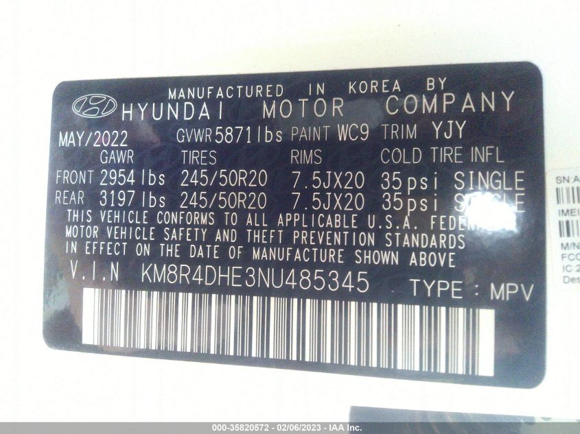 VIN KM8R4DHE3NU485345 2022 HYUNDAI PALISADE no.9