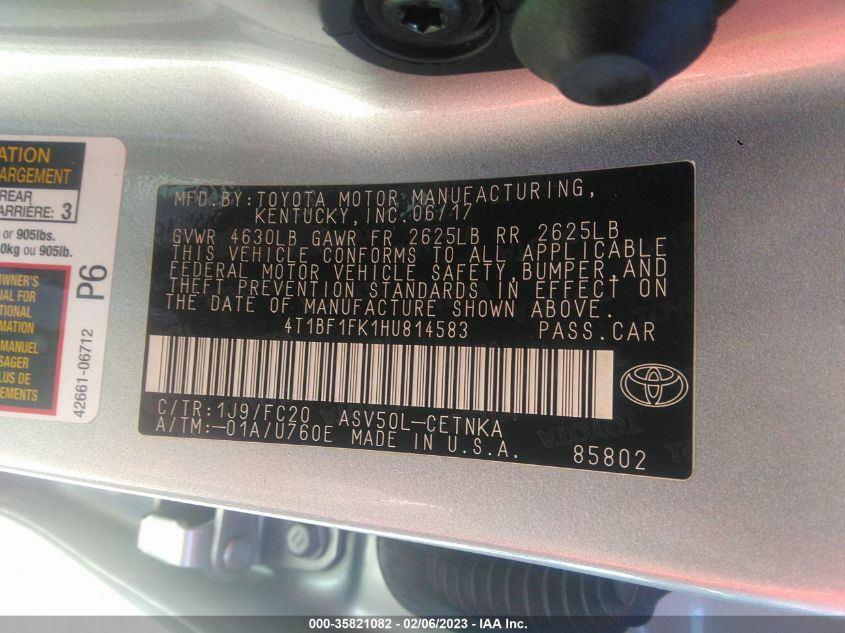 2017 TOYOTA CAMRY XLE/SE/LE/XSE - 4T1BF1FK1HU814583