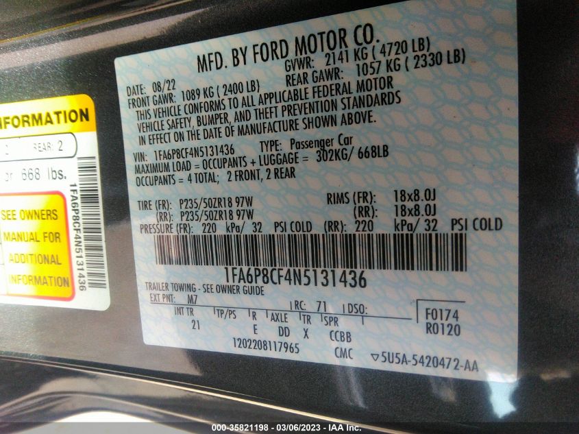 2022 FORD MUSTANG GT - 1FA6P8CF4N5131436