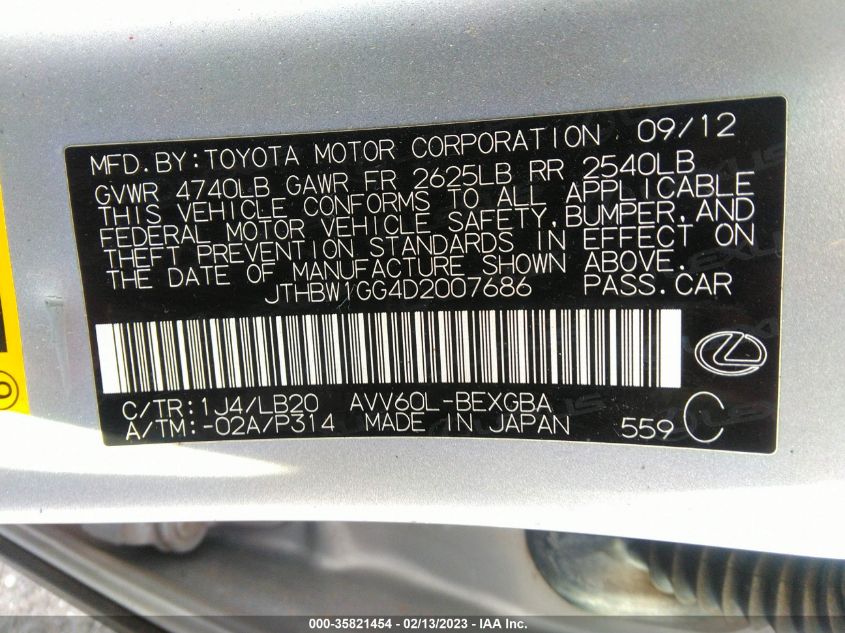 2013 LEXUS ES 300H HYBRID JTHBW1GG4D2007686