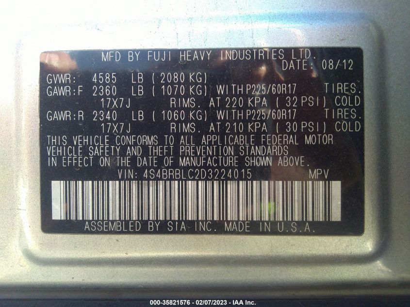 2013 SUBARU OUTBACK 2.5I LIMITED - 4S4BRBLC2D3224015