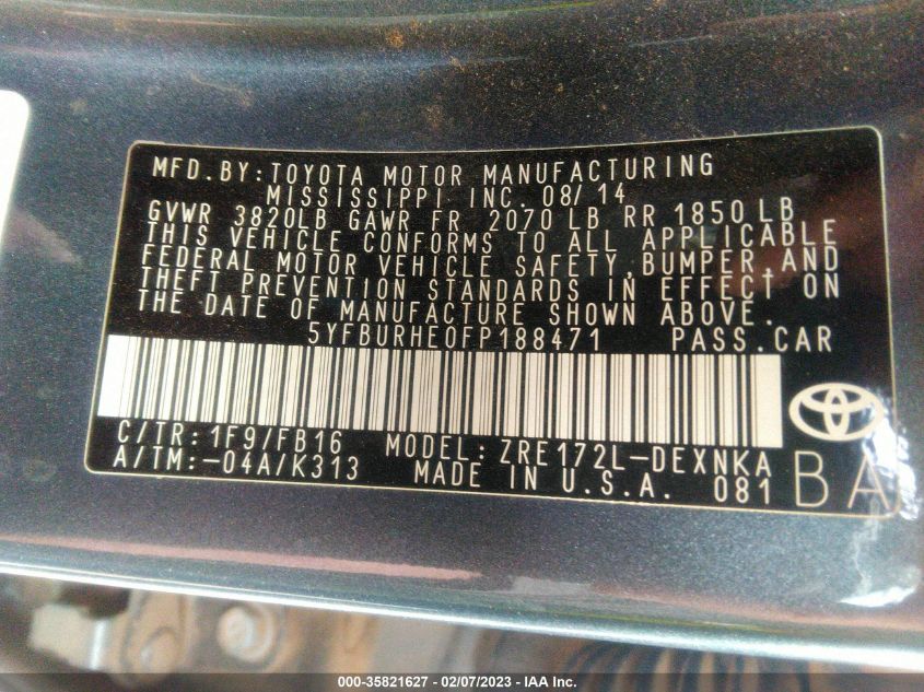 2015 TOYOTA COROLLA L/LE/S/S PLUS/LE PLUS - 5YFBURHE0FP188471
