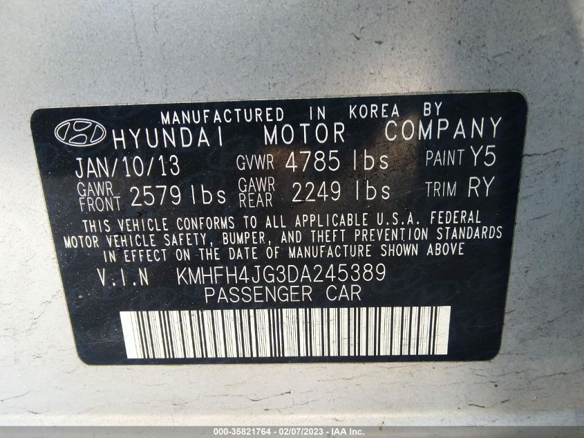 2013 HYUNDAI AZERA KMHFH4JG3DA245389