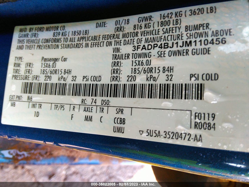 VIN 3FADP4BJ1JM110456 2018 FORD FIESTA SE