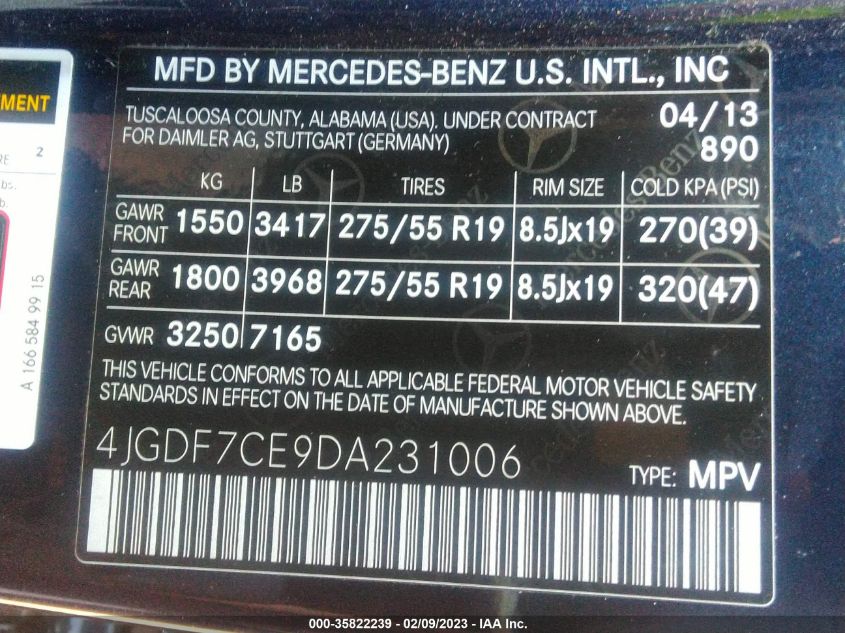 2013 MERCEDES-BENZ GL-CLASS GL 450 4JGDF7CE9DA231006