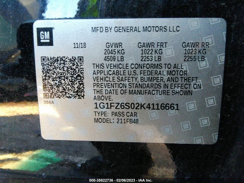 2019 CHEVROLET BOLT EV PREMIER 1G1FZ6S02K4116661