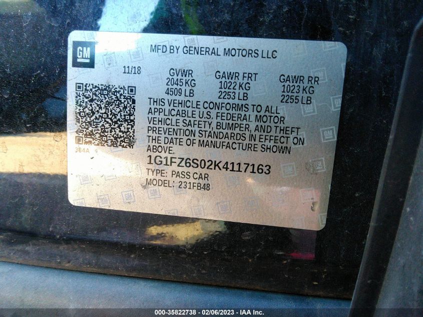2019 CHEVROLET BOLT EV PREMIER 1G1FZ6S02K4117163