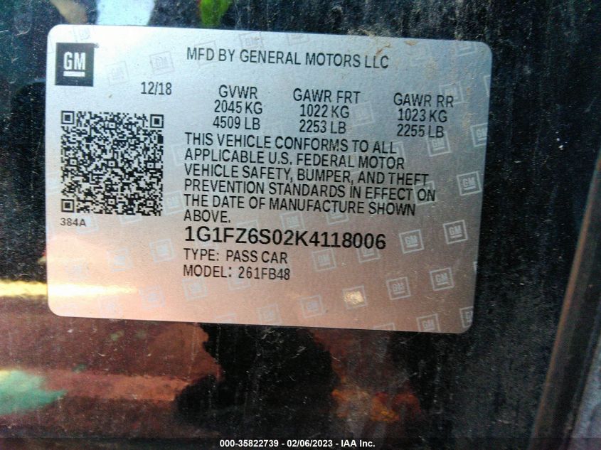2019 CHEVROLET BOLT EV PREMIER 1G1FZ6S02K4118006
