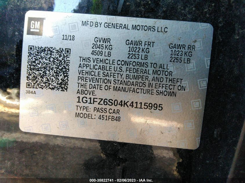 2019 CHEVROLET BOLT EV PREMIER 1G1FZ6S04K4115995