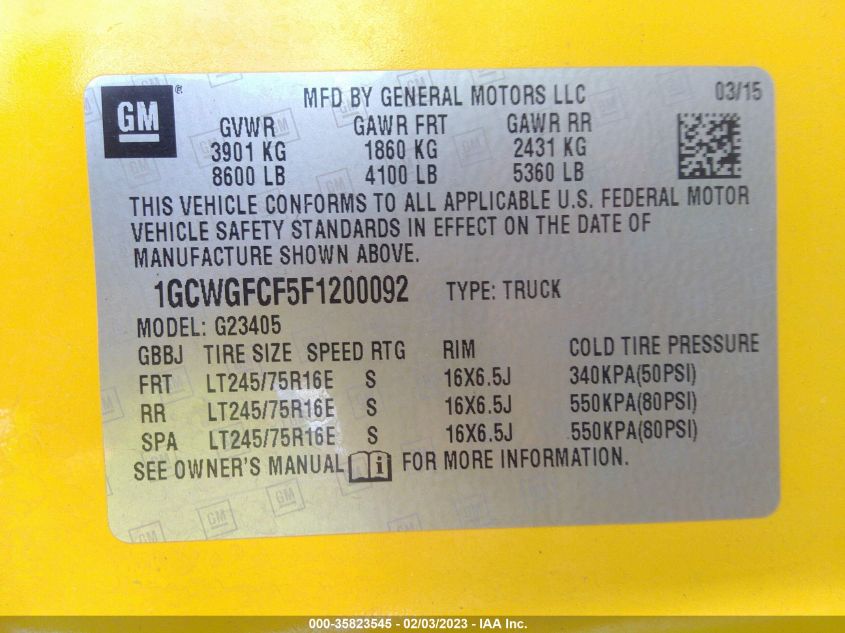 2015 CHEVROLET EXPRESS CARGO VAN 1GCWGFCF5F1200092