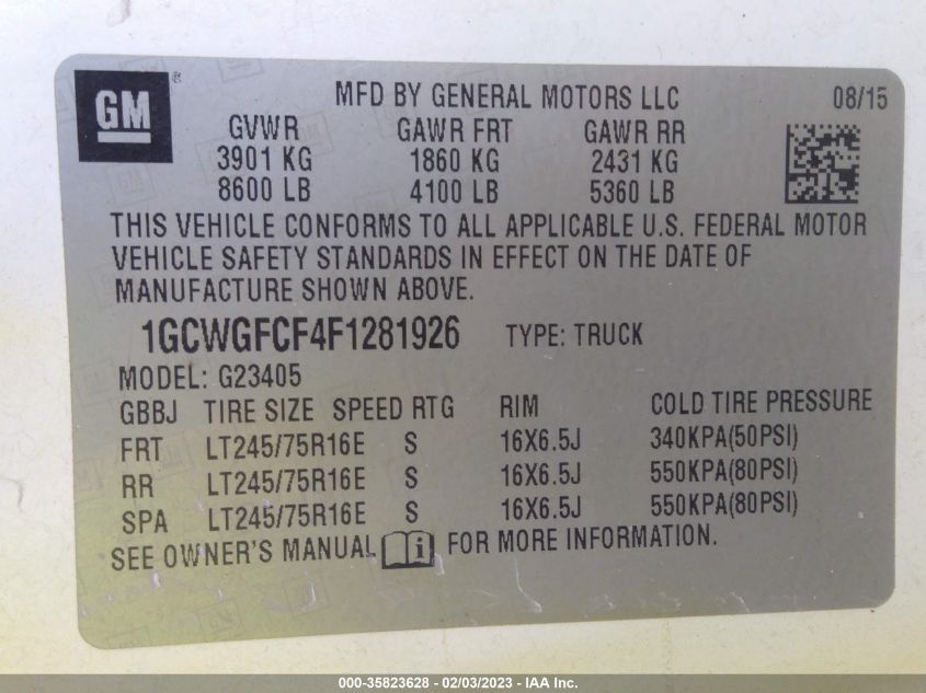 2015 CHEVROLET EXPRESS CARGO VAN 1GCWGFCF4F1281926