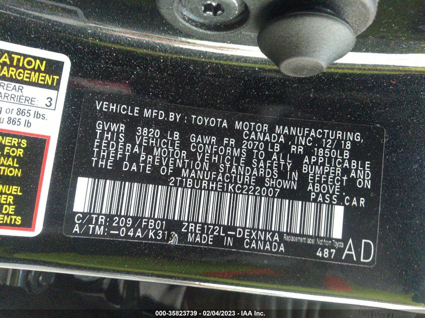 VIN 2T1BURHE1KC222007 2019 TOYOTA COROLLA L/LE/SE/XLE/XSE
