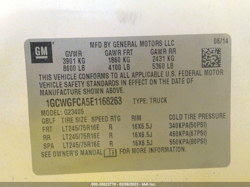 2014 CHEVROLET EXPRESS CARGO VAN 1GCWGFCA5E1168263