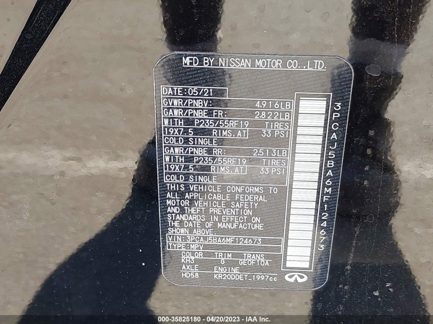 VIN 3PCAJ5BA6MF124673 2021 INFINITI QX50 LUXE